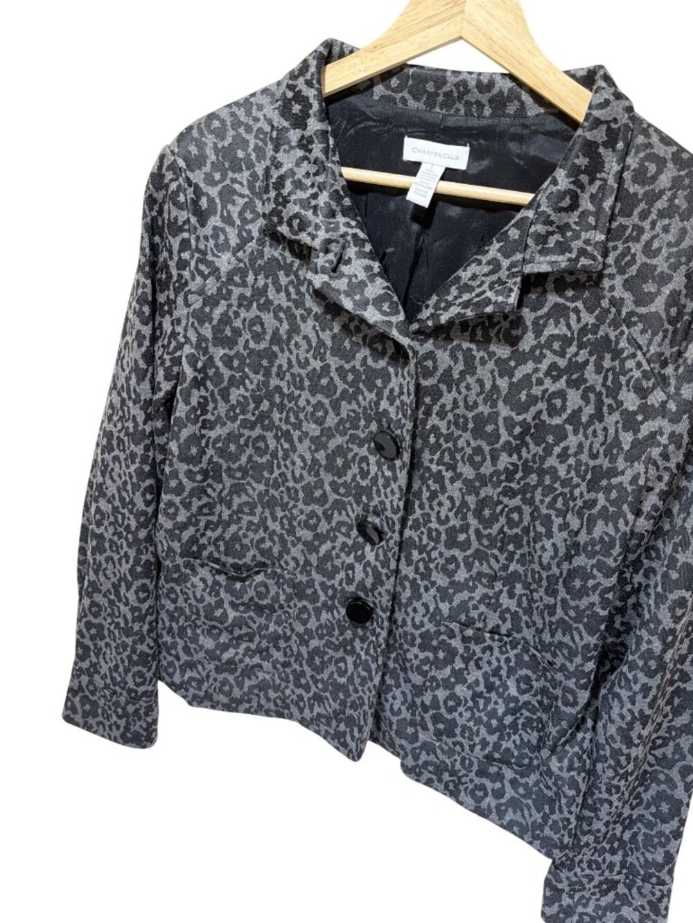 Charter Club Gray Leopard Print Knit Blend Button-Front Jacket With Pockets - Wo